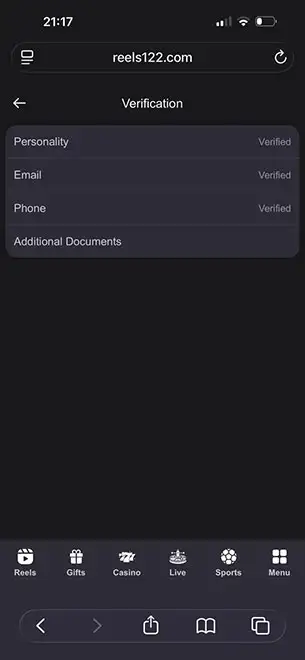 Reels IO Mobile - Simple Verification Approved KYC Mobile Screenshot for Reels IO Casino