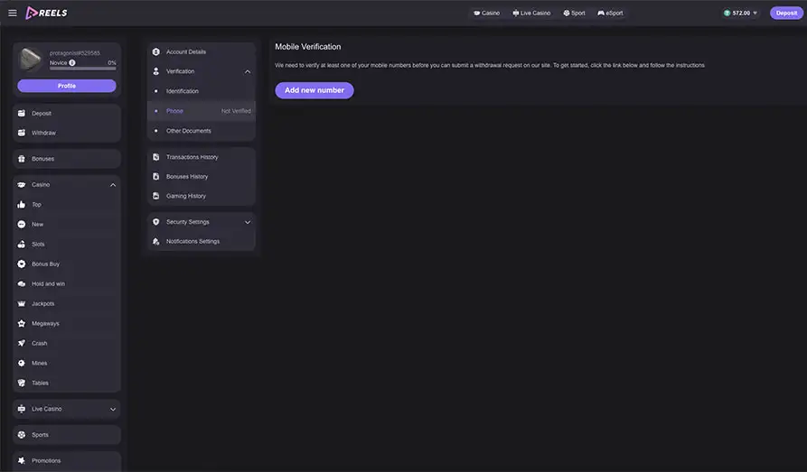 Reels IO Mobile Number Verification KYC Landscape screenshot image for Reels IO Casino