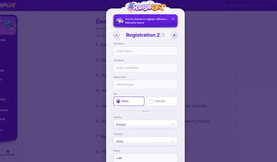 RoboCat Casino registration KYC Landscape screenshot image for RoboCat Casino