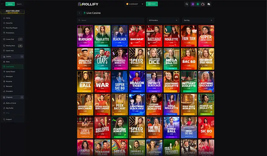 Rollify Live Casino Section Landscape screenshot image #1 for Rollify Casino