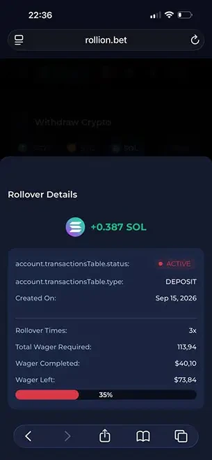 Rollion Bet Rollover Requirement KYC Mobile Screenshot #2 for Rollion Casino
