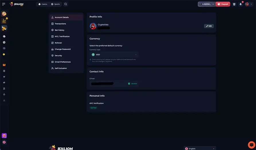 Rollion Bet Profile - After Completed KYC KYC Landscape screenshot image for Rollion Casino