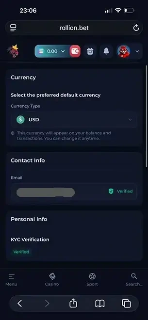 Rollion Mobile KYC Completed KYC Mobile Screenshot for Rollion Casino