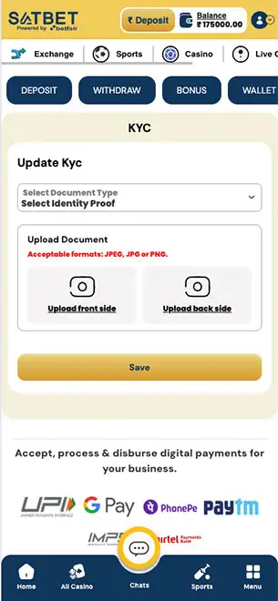 Satbet Mobile Casino Verification KYC Mobile Screenshot for Sat Bet Casino