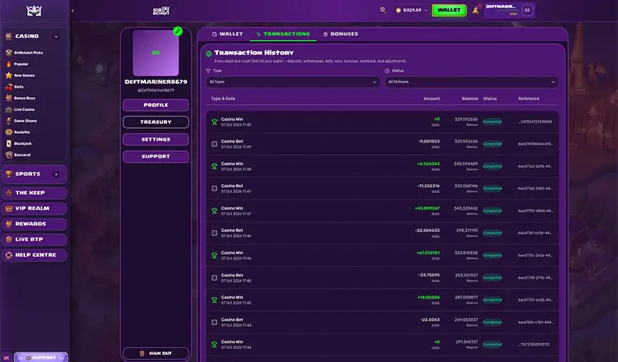 Sir Betalot Transaction History KYC Landscape screenshot image for Sir Betalot