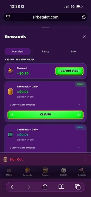 Sirbetalot Rakeback rewards
