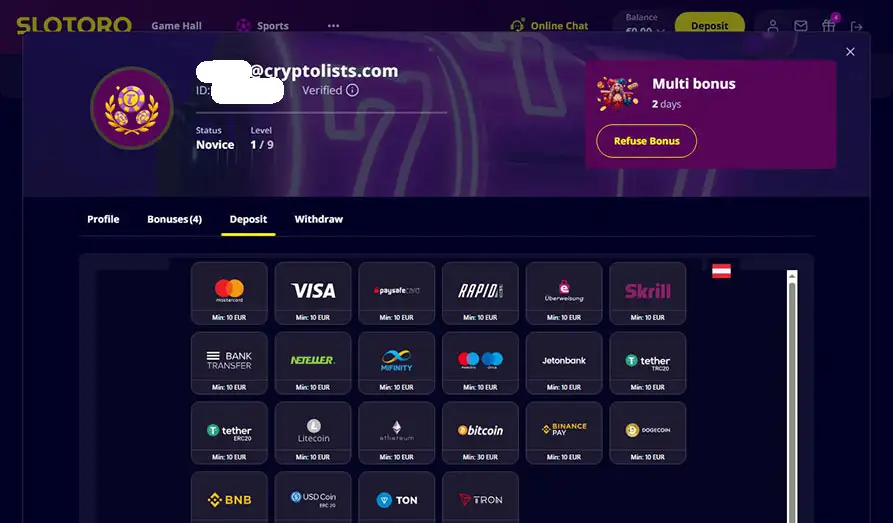 Slotoro Deposit Section Landscape screenshot image #1 for Slotoro Casino