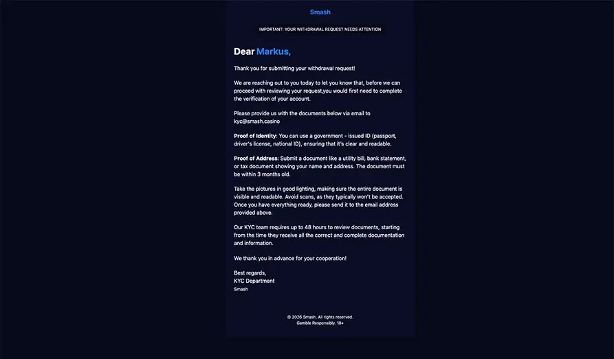 Smash KYC After Requesting a Withdrawal KYC Landscape screenshot image for Smash Casino
