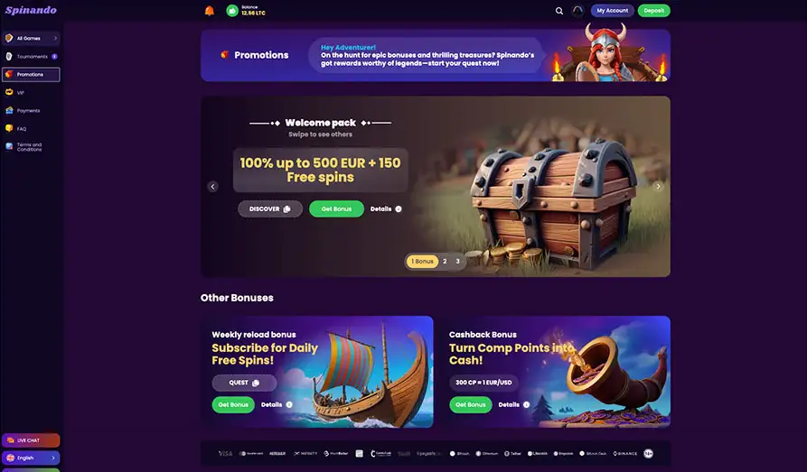 Spinando Casino Welcome Bonus Landscape screenshot image #1 for Spinando Casino