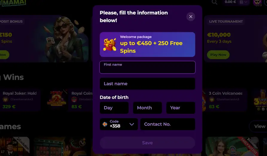 Spin Mama registration KYC Landscape screenshot image for Spin Mama Casino