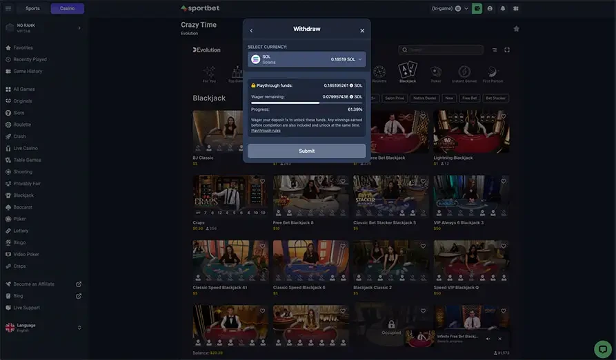 SportBet Playthrough Details KYC Screenshot for Sportbet One