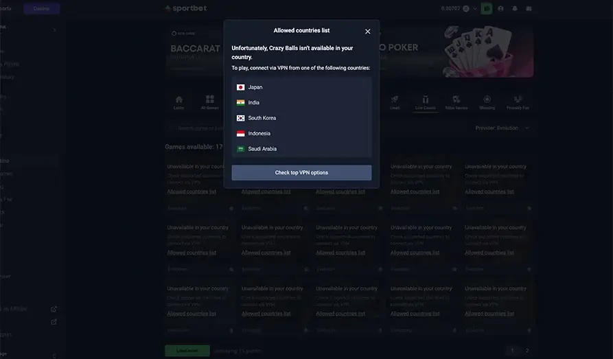 Sportbet's VPN suggestions Screenshot image #2 for Sportbet One