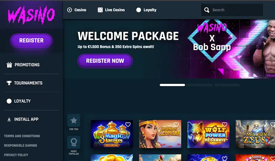 Wasino home page Main screenshot image for Wasino Casino