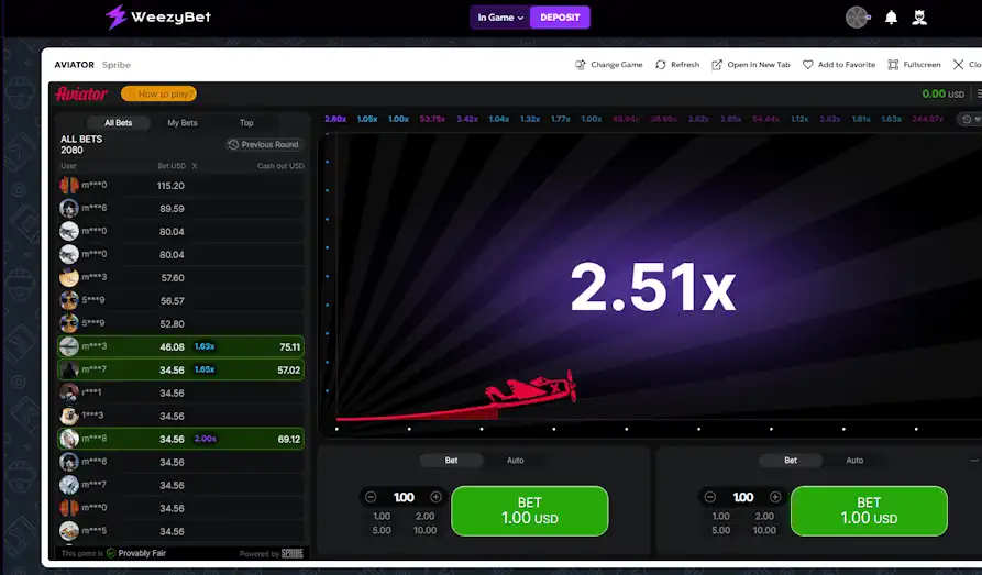 Weezy Casino Aviator Screenshot image #2 for Weezy Bet
