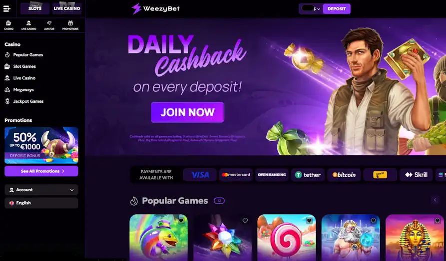 Weezy Casino Homepage Main screenshot image for Weezy Bet