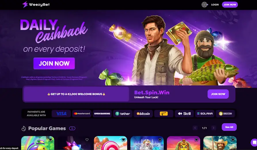 Weezy Casino Look and feel Landscape screenshot image #1 for Weezy Bet