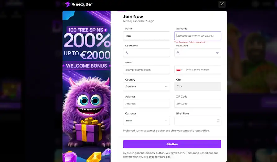 Weezy Casino Registration on Desktop KYC Landscape screenshot image for Weezy Bet