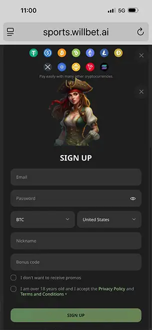 Willbet registration screen on mobile KYC Mobile Screenshot for Willbet Casino